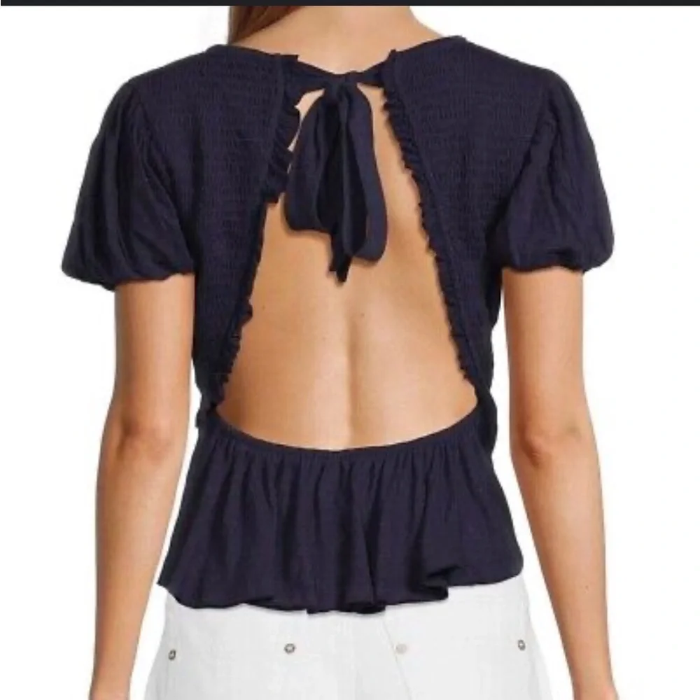 Free People Navy Smocked V-Neck Peplum Blouse